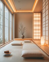 Minimalist meditation room with rhythmically arranged LED strip lighting, tatami flooring, and Japanese shoji dividers Minimalist Wellness Spaces Futuristic Sensory Meditation Pods
