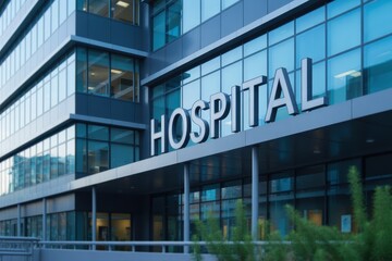 Obraz premium Modern hospital exterior with large sign.