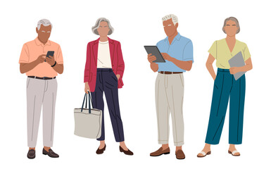 Set of different senior business people standing in smart casual summer outfits. Aged men, women with smartphone, tablet, bag. Vector realistic illustrations isolated on transparent background