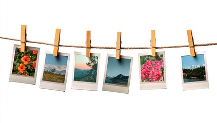 Instant photos hanging on a clothesline