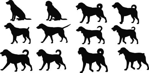 Dog silhouette vector set, black dog illustrations, walking and sitting dog shapes, domestic pet clipart, animal pose