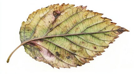 White Mulberry Leaf. Isolated Green Leaf with Autumn Colors on White Background