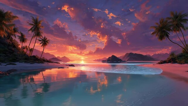 Waves gently lap against the shore as vibrant colors dance across the sky. Palms sway lightly. Peaceful moments envelop this serene coastal escape as day fades into night.