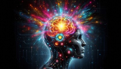 Enlightened Mind: A vibrant, colorful explosion of light and energy emanates from a futuristic, biomechanical brain, symbolizing creativity, innovation, and the power of human intellect. 