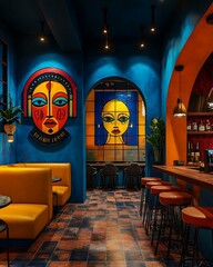 A retro-modern blend lounge where Bauhaus geometry meets African tribal symbolism under smart lighting Heritage Fusion Interior Design Retro Futuristic Cultural Environments