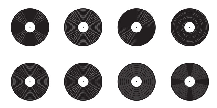 Collection of vinyl record icons Turntable LP music discs for old school disco party Vintage DJ tools for nostalgic events Vector isolated illustration - Powered by Adobe