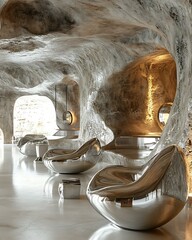 Futuristic time capsule lounge inspired by ancient civilizations, chrome furniture beside Aztec stone textures Heritage Fusion Interior Design Retro Futuristic Cultural Environments