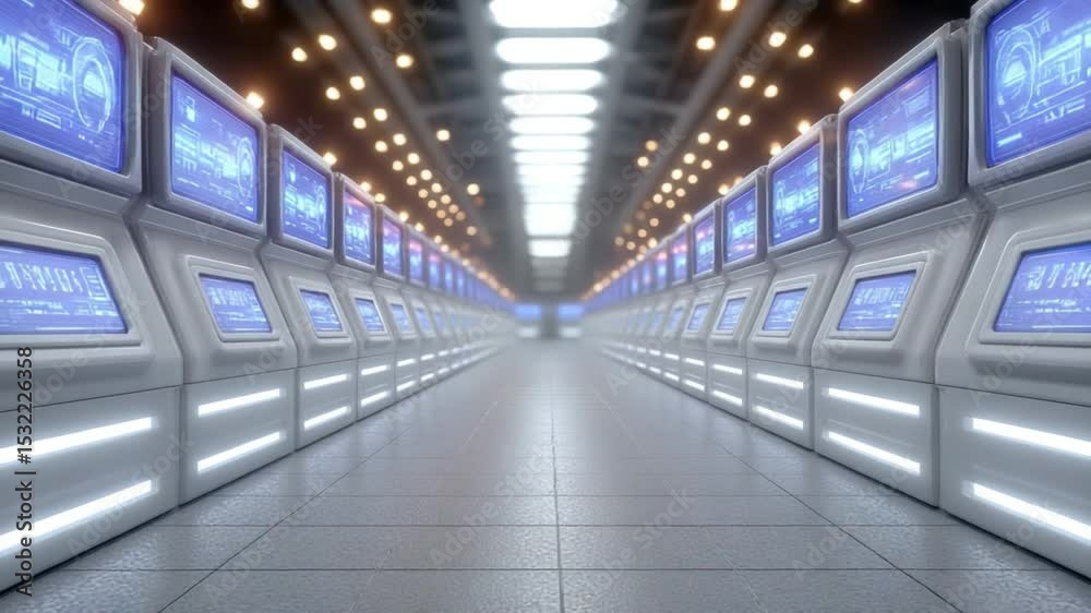 Aufkleber Cybernetic corridor: A striking image of a futuristic corridor lined with glowing monitors, hinting at advanced technology and data visualization. The sleek design evokes a sense of progress.
