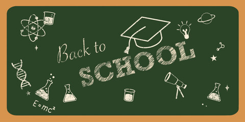 classroom green chalkboard with back to school text and chalk doodle science elements