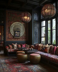 Lounge designed as a cultural mosaic, fusing African tribal textiles, Japanese shoji panels, and French rococo decor Heritage Fusion Interior Design Retro Futuristic Cultural Environments