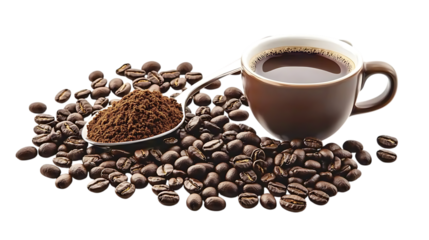 Coffee cup with brewed coffee next to beans and spoon of ground coffee isolated on white or transparent png