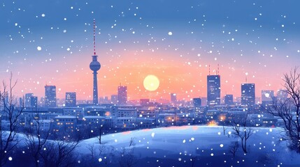 Winter Berlin Skyline: Snowy City Panorama with Dusk Sky