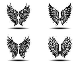 Angel Black Feather Wings Vector Icons – Bold Grunge Style Distressed Wing Designs for Gothic Poster Art, Spiritual Logos, and Tattoo Illustration Concepts. EPS Vector for Adobe Stock Upload.

