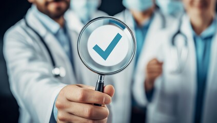 Adhering To Medicine And Pharmacy Standards Through Effective Quality Control In Healthcare: Symbolized By Doctor Holding Magnifying Glass And Check Mark