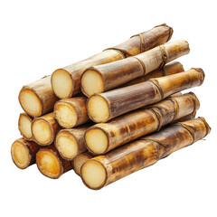 A stack of cut sugarcane stalks showcasing their fibrous, cylindrical structure with a natural, textured outer skin. Png, Transparent background.