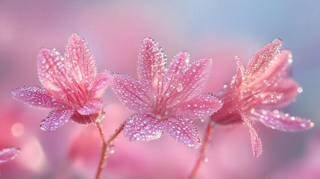 Close up shot of three delicate pink flowers covered in tiny glistening water droplets with a soft dreamy background for a gentle sp feel.