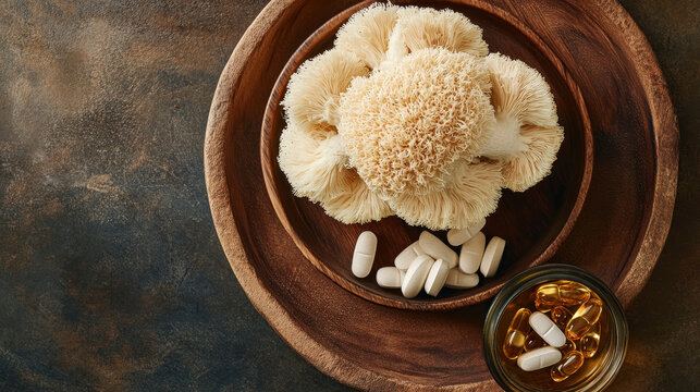 Lion’s Mane Mushroom with Herbal Capsules and Supplements