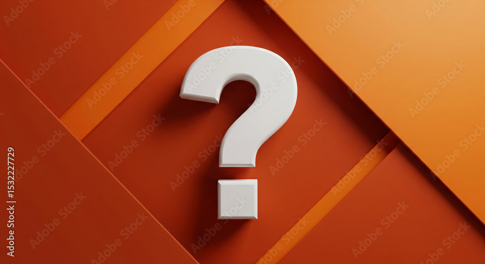 Poster White question mark on orange background with geometric design, symbolizing inquiry, uncertainty, or a need for answers