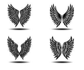 Spiritual Angel Wings Vector Collection – Black Feathered Wing Set with Distressed Grunge Look. Ideal for Gothic Posters, Tattoo Designs, and Fantasy Art Projects for Adobe Stock Publishing.

