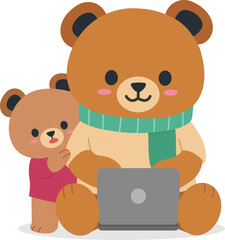 Cute teddy bear typing in a laptop vector cartoon illustration