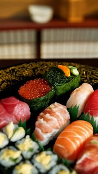 Assorted sushi platter featuring tuna, salmon, shrimp, fish eggs, and vegetable rolls served on a decorative plate.