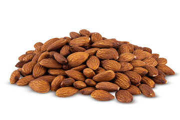 Heap of almonds isolated on white background   