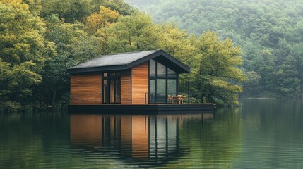 Fototapeta premium Serene Lake House Retreat: Modern Architecture Amidst Lush Greenery