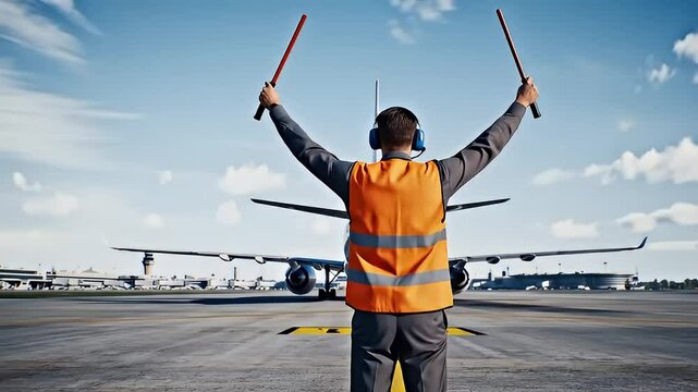 Airfield Marshal Directing Airplane Taxiing Ensuring Safe Aircraft Movement on the Runway