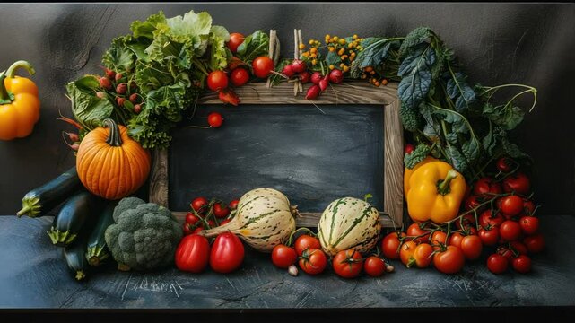 Autumn harvest bounty with pumpkins, tomatoes, and peppers arranged around rustic chalkboard.