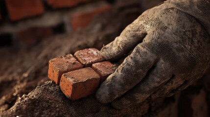 Close-up of hand in work glove holding bricks