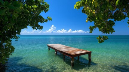 Serene Tropical Beach Scene Wooden Dock Extending into Crystal Clear Turquoise Ocean Waters under a Sunny Sky