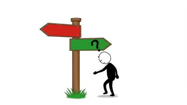 Confused cartoon character facing two conflicting directions