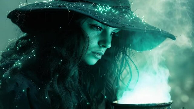 Mysterious witch brewing potion in cauldron.  Enchanting sorceress preparing magical elixir under dark sky.  Intriguing witch crafting mystical brew for halloween celebrations.