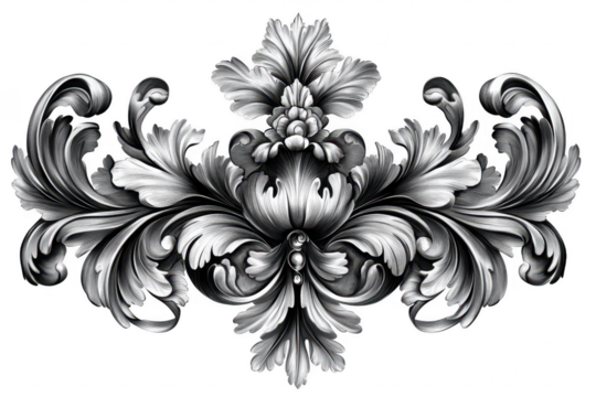 Intricate baroque style floral ornament isolated on transparent background