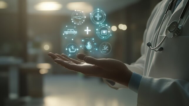 A doctor in a white coat with a stethoscope around their neck holds their hand out in front of them, displaying a glowing digital interface with various symbols representing different health services - Powered by Adobe