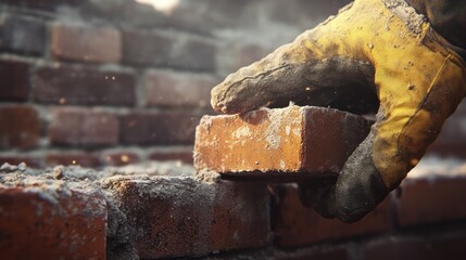 Fototapeta premium Hand with glove places brick on wall with mortar, illuminated by golden light