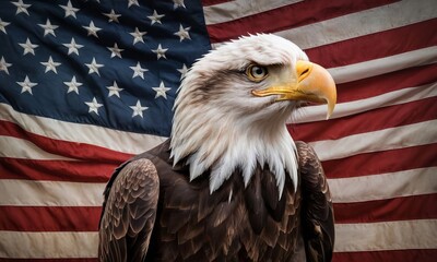 Naklejka premium Majestic Bald Eagle Portrait with American Flag Background Symbolizing Freedom