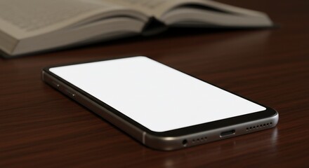 Modern Smartphone with Blank Screen on Wooden Desk near Book