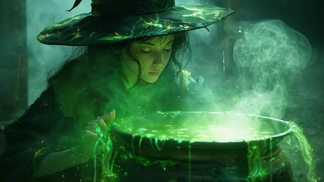 Halloween witch brewing green potion in cauldron. Halloween fantasy scene features young woman in witch costume stirring magical brew. Spooky Halloween concept image for invitations or announcements.