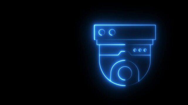 Animated neon cctv camera icon. camera motion graphics. glowing Security.  Media. Professional equipment for maintenance of security, concept of technologies and protection. 