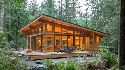 Naklejka premium Forest-friendly construction using sustainably sourced wood, eco adhesives, modular designs, and low-impact logging practices to support reforestation and habitat protection