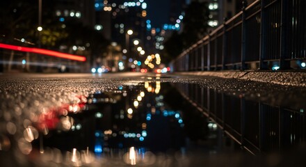 Fototapeta premium Night City Reflections in a Puddle Urban Lightscape