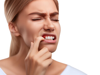 Woman with toothache touching cheek for dental pain or oral health concept isolated on transparent or white background, png