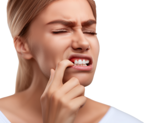 Woman with toothache touching cheek for dental pain or oral health concept isolated on transparent or white background, png
