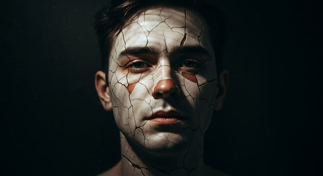 Cracked Porcelain Face Symbolizing Mental Resilience in Expressive Digital Portrait