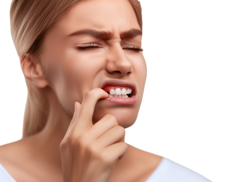 Woman with toothache touching cheek for dental pain or oral health concept isolated on transparent or white background, png