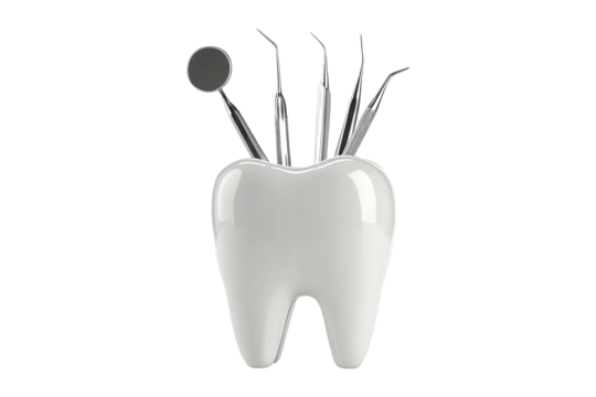 White tooth holder with dental tools for clinic or dental education concept isolated on transparent or white background, png
