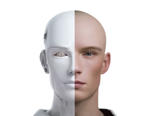 Half human half robot face 3d illustration isolated on transparent or white background, png