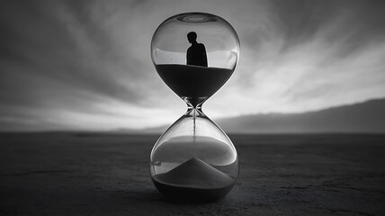 Silhouette of a person trapped inside an hourglass representing the passage of time