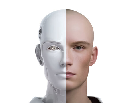 Half human half robot face 3d illustration isolated on transparent or white background, png